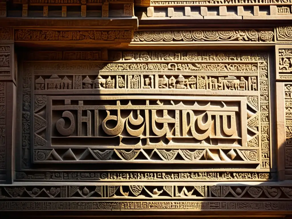 Detalle de inscripciones en templo hindú, evocando sabiduría y significado cultural