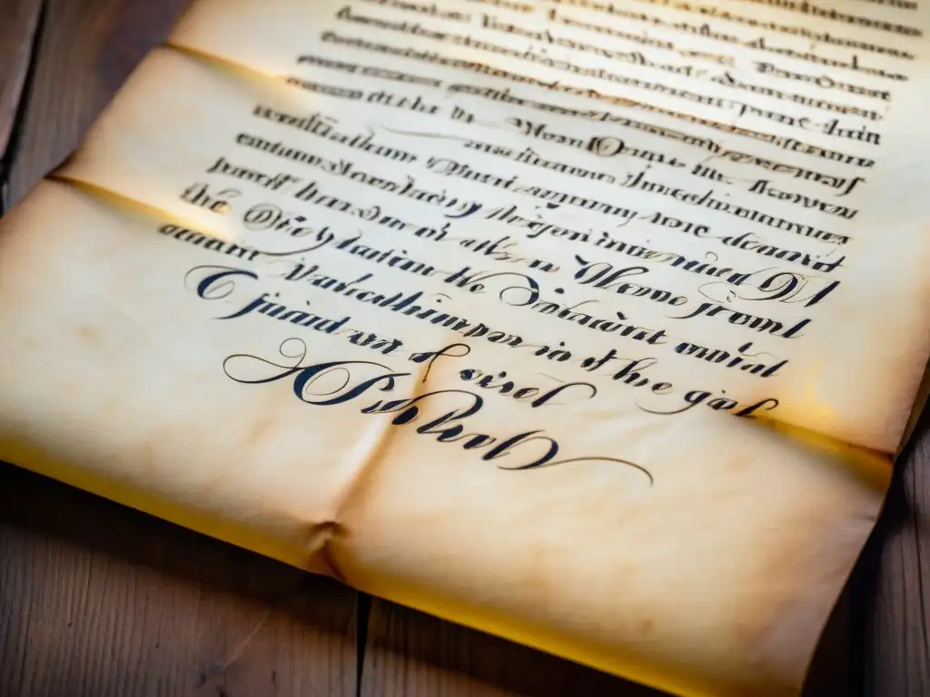 Detalle de manuscrito antiguo con caligrafía desgastada, sobre madera iluminada por lámpara vintage