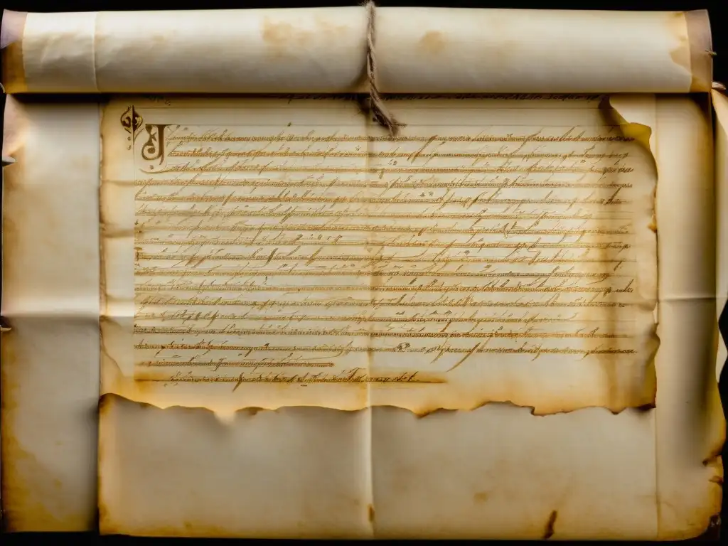 Detalle de un manuscrito antiguo en pergamino, mostrando la caligrafía detallada y la autenticidad del documento