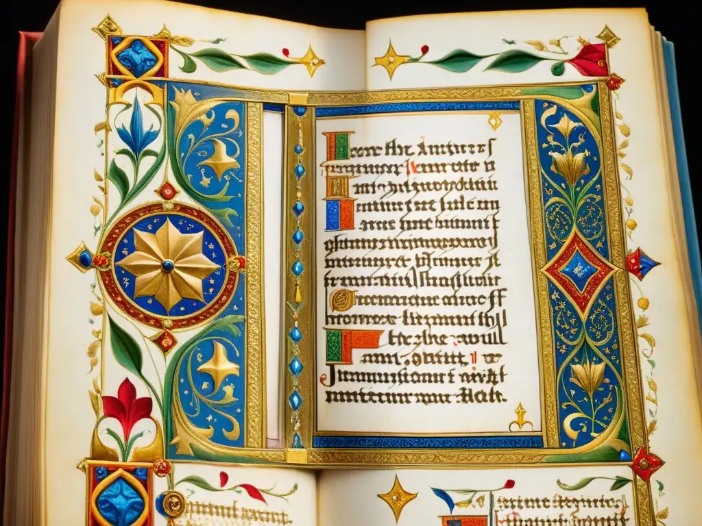 Detalle de manuscrito medieval iluminado con caligrafía delicada, detalles en oro y colores vibrantes, evocando la tradición artística de los monasterios europeos