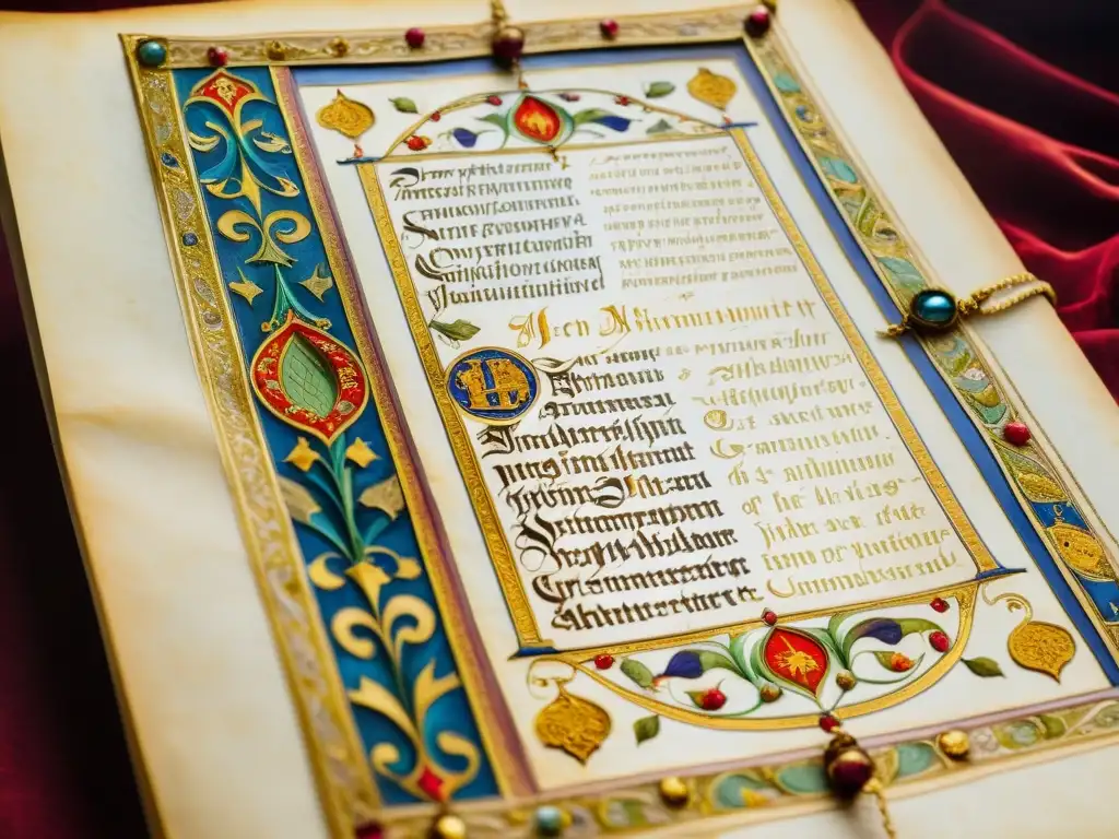 Detalle de manuscrito medieval iluminado con caligrafía y arte vibrante, evocando la historia y la reverencia de los monasterios europeos