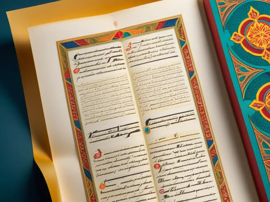 Manuscrito contemporáneo: detalles vívidos y culturales Detalle de manuscrito moderno con impacto cultural y artístico, destacando texturas e intrincados detalles de la escritura a mano y colores vibrantes