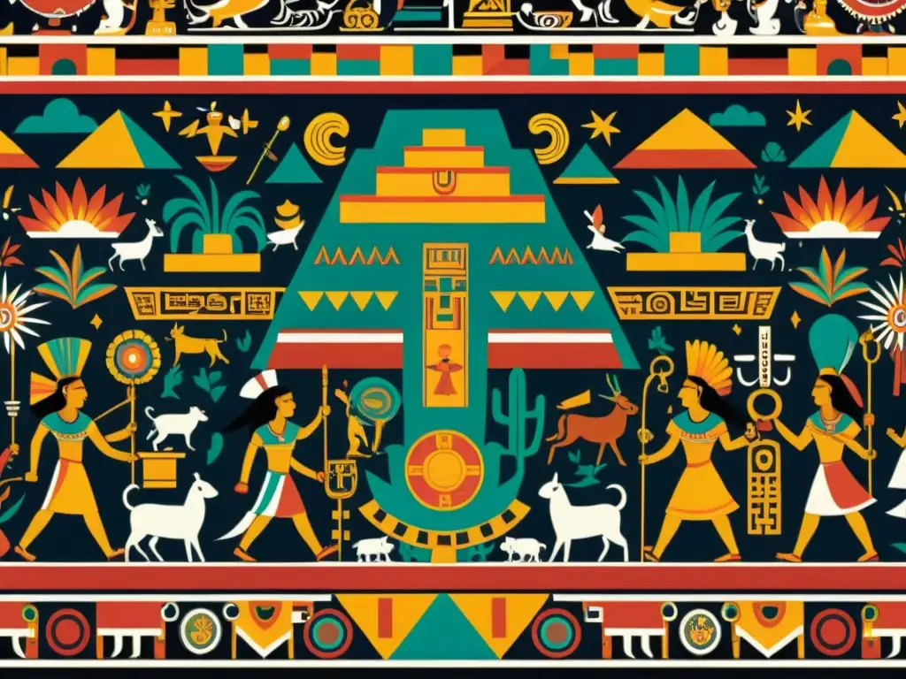 Detalle de un mural de Teotihuacán, con ikonografía significativa y simbolismo, mostrando escenas de la vida diaria, rituales religiosos y simbolismo mítico en vibrantes colores y complejos patrones geométricos