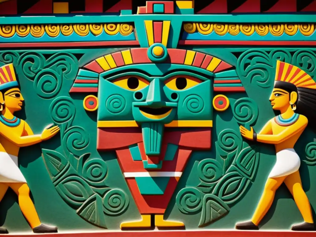 Detalle de mural Teotihuacano: vibrantes colores y deidades en una ikonografía Teotihuacana llena de simbolismo y significado