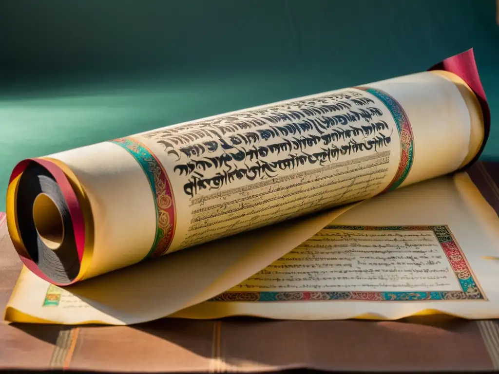 Detalle de pergamino antiguo con caligrafía gótica y tibetana, destacando la comparación de estilos y tradiciones de escritura