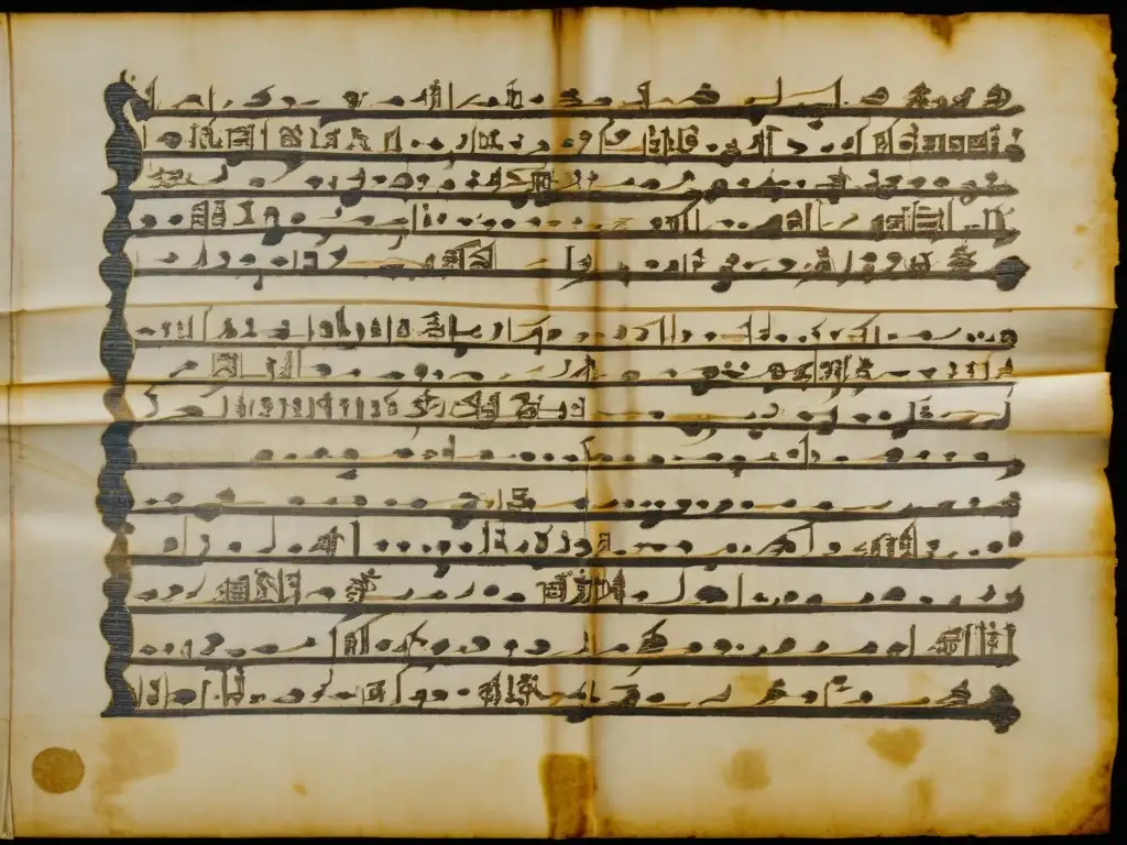 Detalle de pergamino antiguo con caligrafía intrincada, mostrando la evolución de sistemas de escritura en documentos históricos