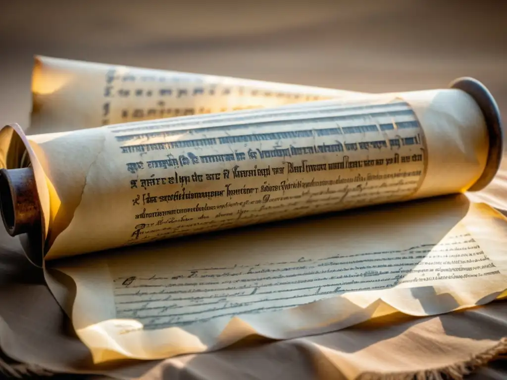 Detalle de pergamino antiguo desplegándose con escritura en diferentes culturas y símbolos religiosos en tonos cálidos sepia