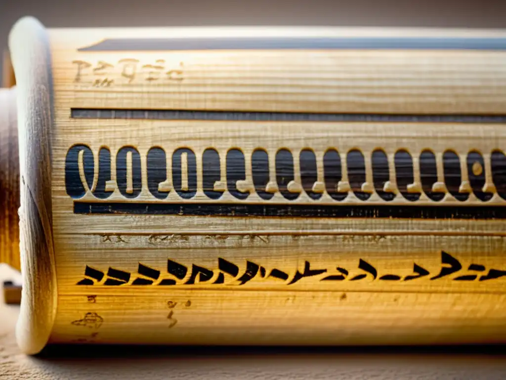 Detalle de un pergamino de papiro antiguo desgastado, revelando jeroglíficos envejecidos, evocando la reverencia por materiales de escritura antiguos