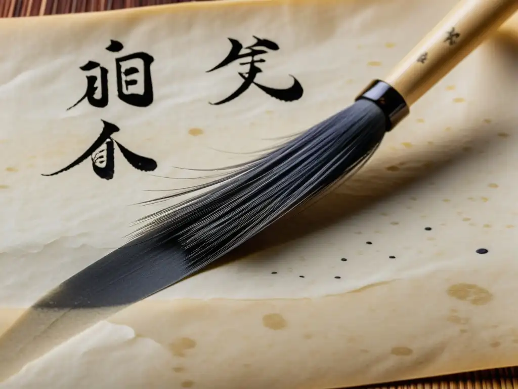 Exquisita caligrafía china en papel de arroz Detalle de pincel chino sobre papel de arroz, capturando la gracia de los trazos y la absorción de tinta