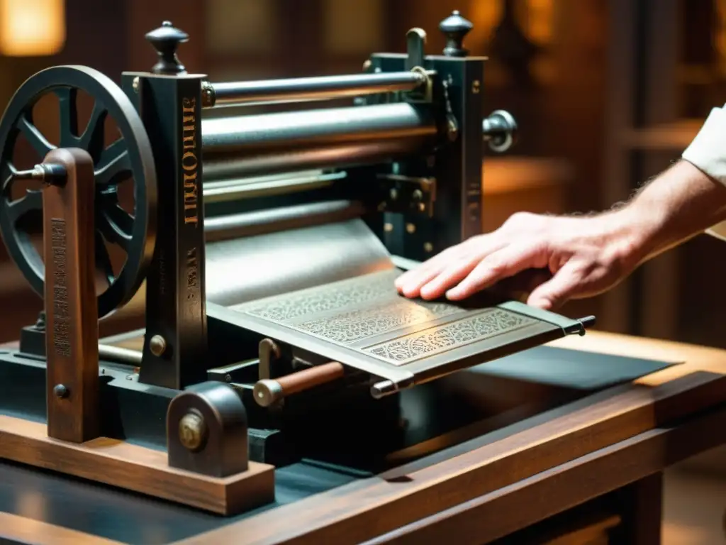 Detalle de prensa tipográfica vintage en museo, evocando nostalgia y artesanía