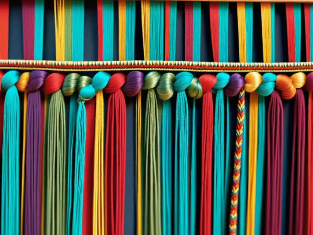 Detalle de un quipu incaico, mostrando su complejo sistema de trenzado y colores vibrantes