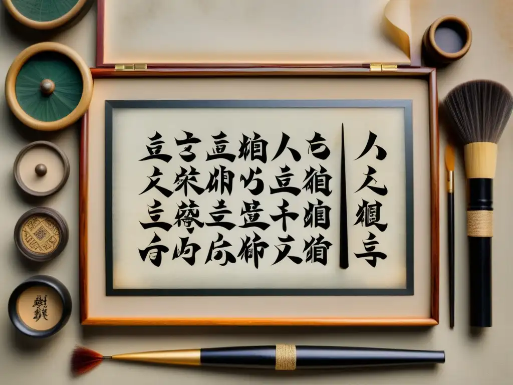 Detalle 8k de set de caligrafía vintage chino y japonés, mostrando diferencias entre hanzi y kanji escritura