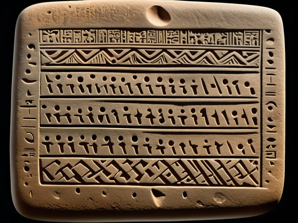 Tablilla de arcilla con escritura Linear B: legado de la antigua Grecia Detalle 8k de tableta arcilla con escritura lineal B, en estudio sistemas escritura lineal B en la antigua Grecia
