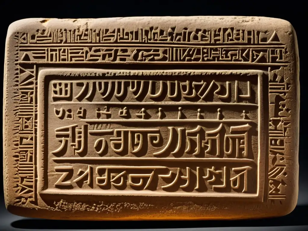 Tableta de arcilla inscrita en Lineal B: escritura antigua en detalle Detalle de tableta de arcilla con escritura lineal B iluminada, evocando estudio de sistemas escritura lineal B