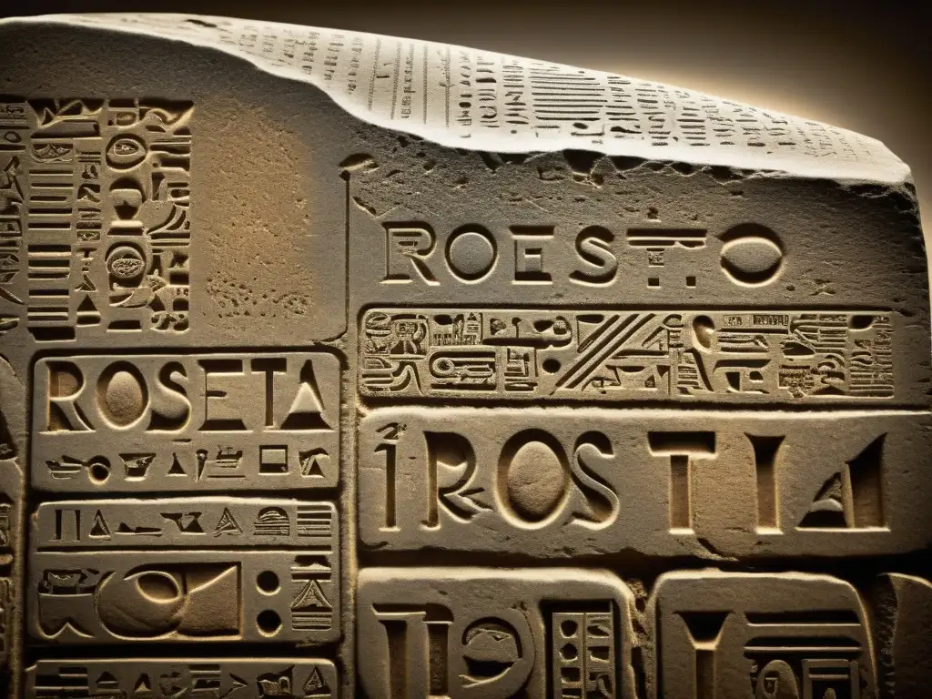 Detalle de la traducción de jeroglíficos en la Rosetta Stone, con textura y misterio egipcio