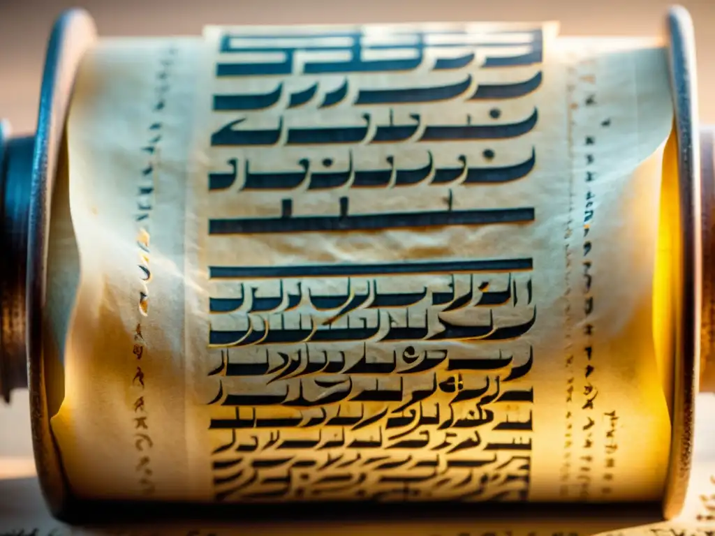 Detalle de la transcripción del Talmud de Babilonia en pergamino antiguo, iluminado por luz cálida, evocando tradición y herencia cultural