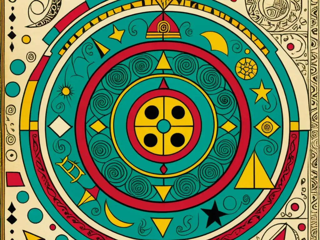 Detalle ultradetallado del Códice Borbónico, mostrando las ilustraciones vibrantes y detalladas de la astrología en el México Precolombino