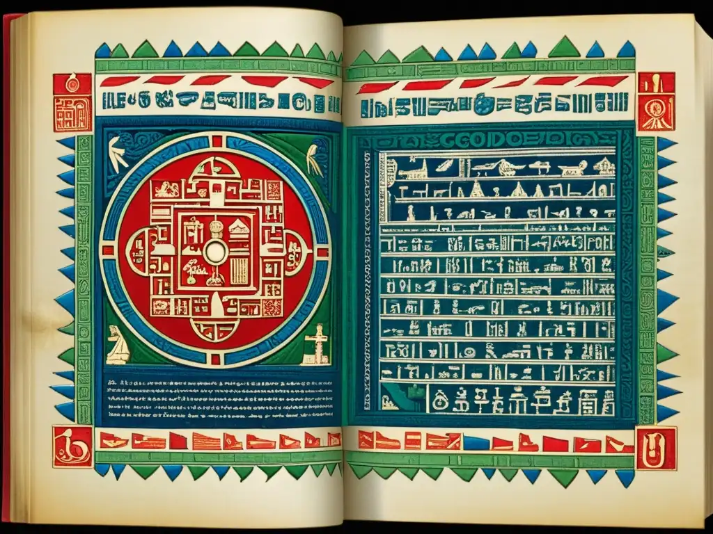 Detalle vibrante del Códice TroCortesiano ciclo lunar maya, con ilustraciones detalladas y textos jeroglíficos en colores rojo, azul y verde