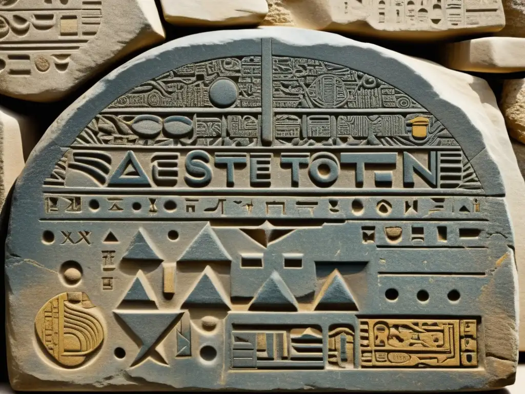 Detalle vintage de la Estela de Rosetta antiguo Egipto, con intrincados jeroglíficos y desgaste histórico