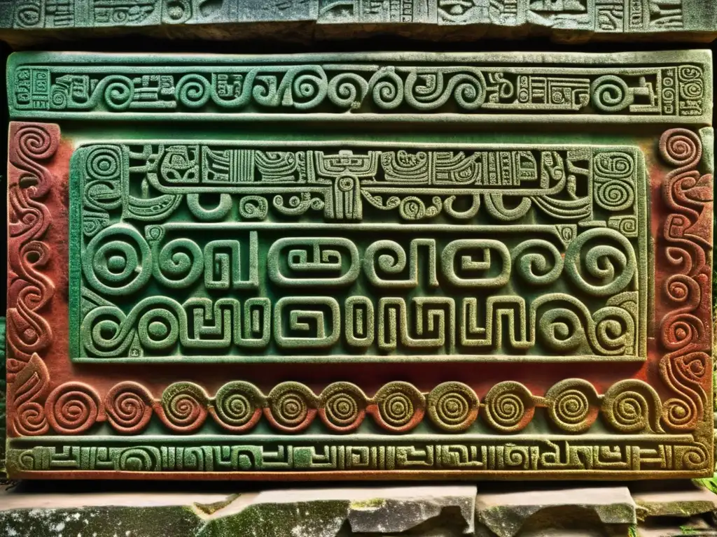 Detalle vintage de la misteriosa piedra tallada con códigos de Palenque en arqueología, evocando la riqueza cultural maya