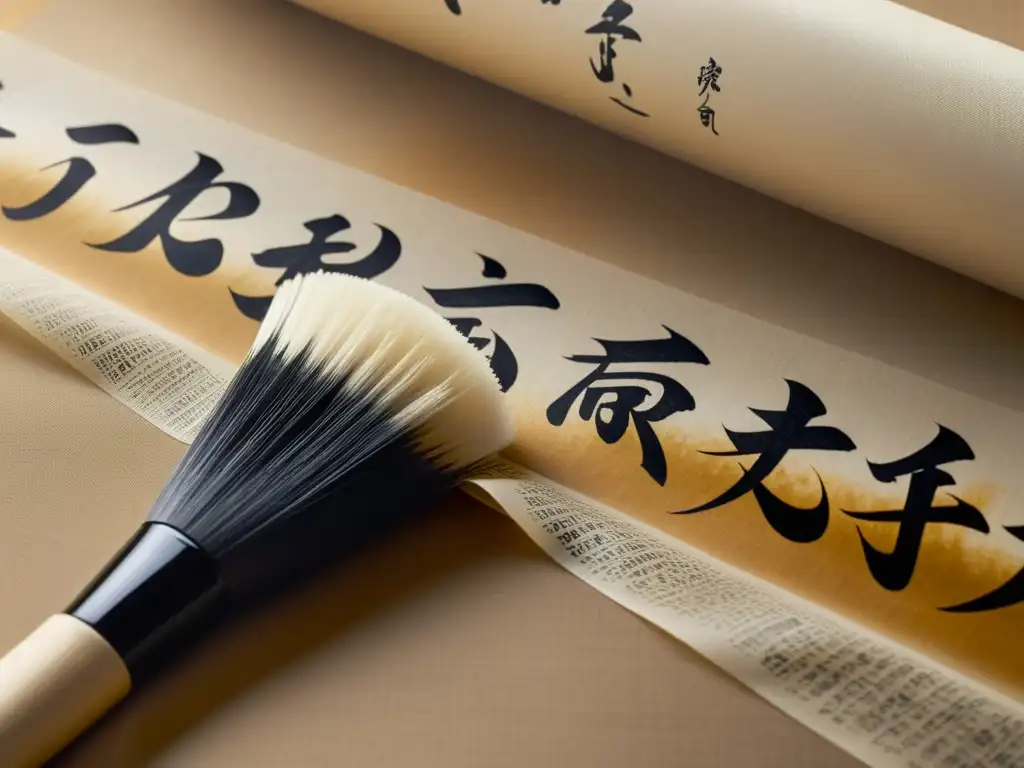 Detalles de la caligrafía kanji como forma de arte en sepia, pincel vintage y tinta