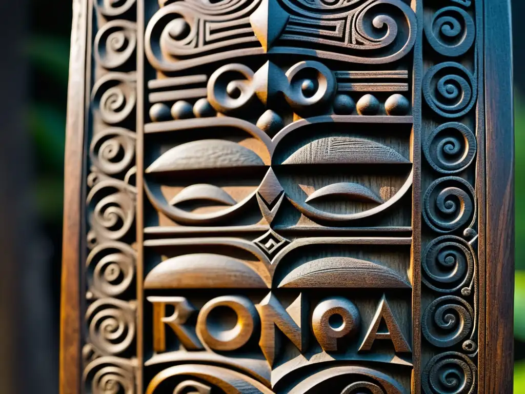 Detalles finos del sistema de escritura Rongorongo Rapa Nui tallados en madera envejecida, evocando misterio y precisión artística