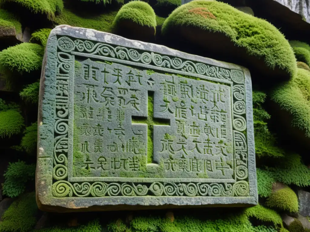 Detalles intrincados en antigua tabla de piedra con inscripciones religiosas y misteriosas