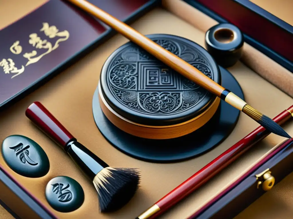 Detalles intrincados de un set de caligrafía chino-japonés vintage, evocando historia y tradición