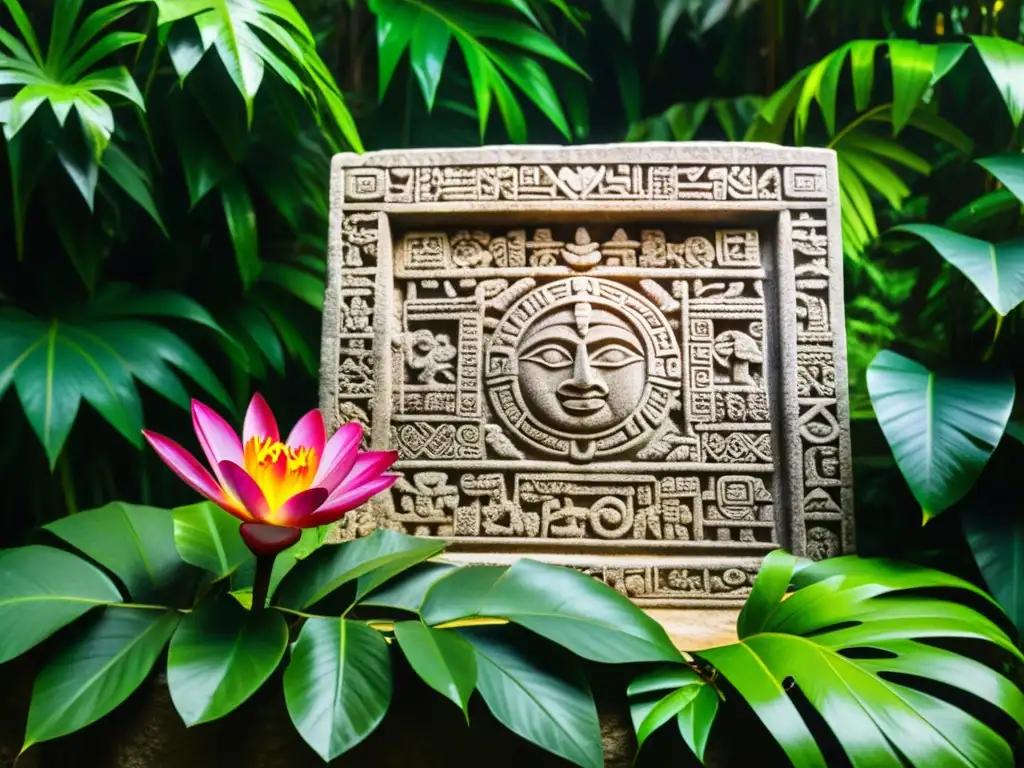 Jeroglíficos Mayas: Tesoro en la Selva de Palenque Detalles nítidos de glifos mayas en la piedra de Palenque, entre exuberante vegetación y ruinas antiguas