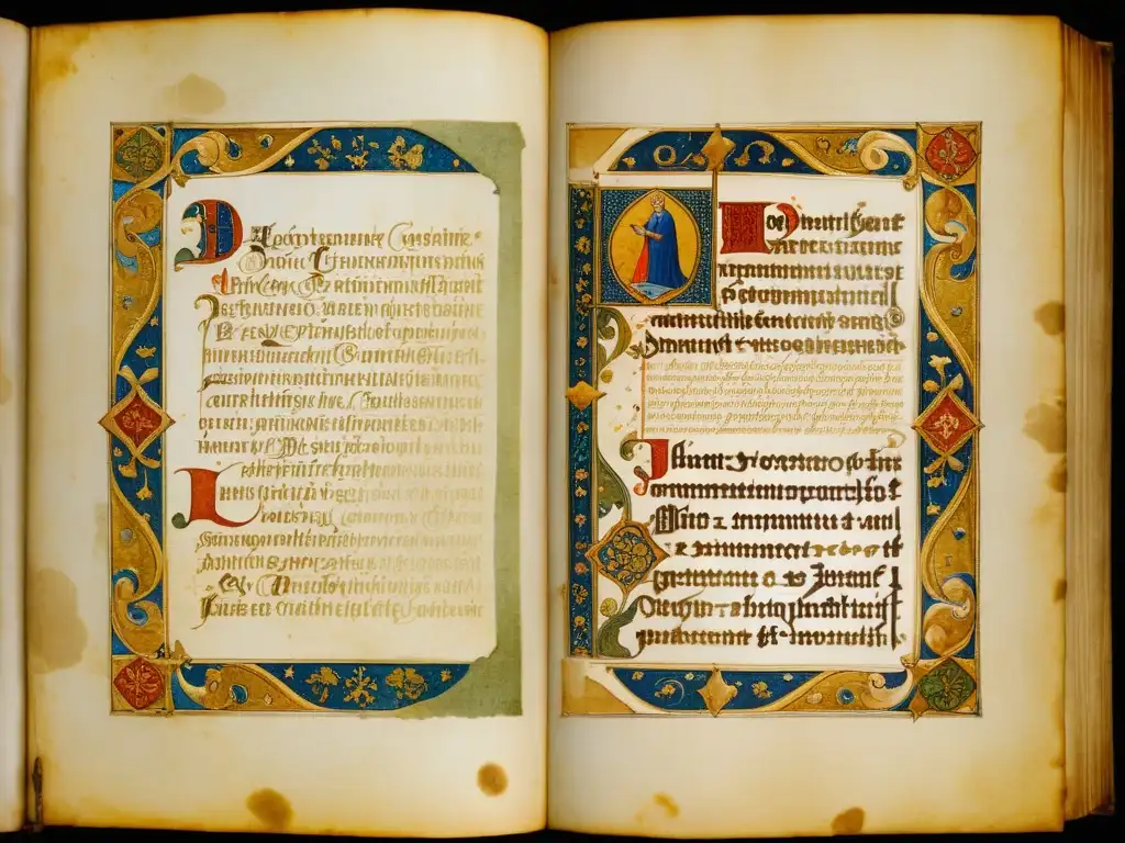 Digitalización de escrituras antiguas webinar: Imagen vintage de un manuscrito medieval ricamente decorado en tonos cálidos y con caligrafía intrincada