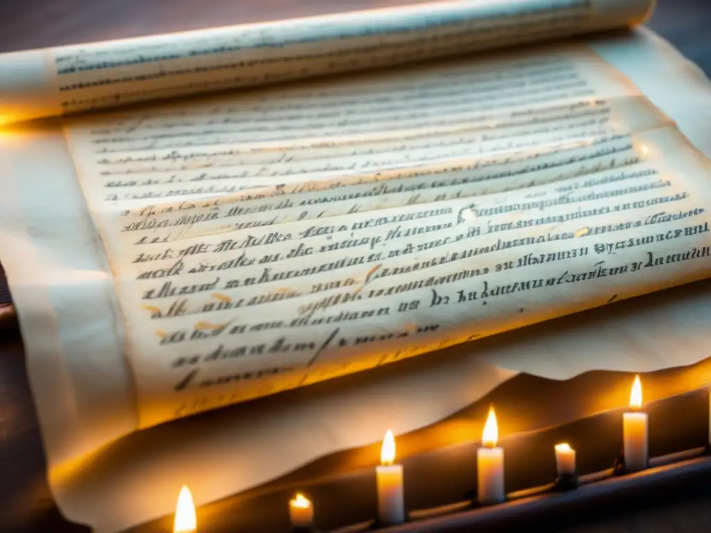 Digitalización de manuscritos antiguos: Detalle de un antiguo manuscrito en pergamino iluminado por la tenue luz de las velas, mostrando su belleza atemporal y detalles intrincados en sepia