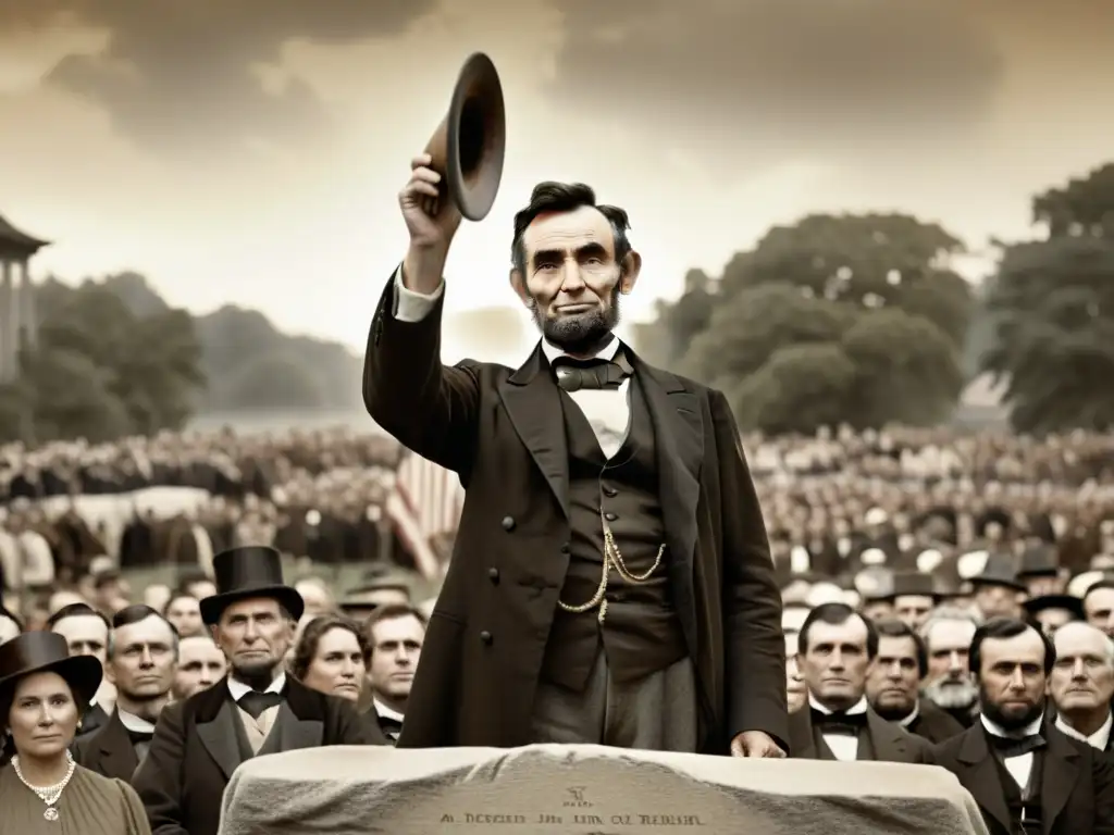 'Abraham Lincoln entrega el discurso de Gettysburg, mostrando trascendencia y solemnidad en la histórica fotografía vintage