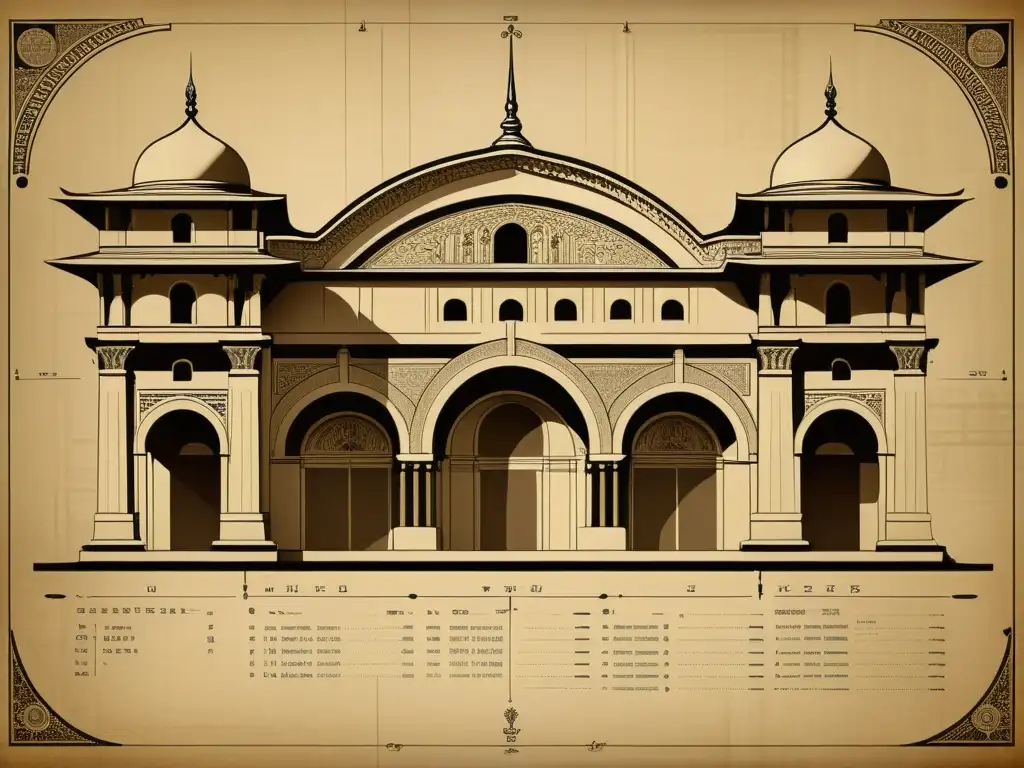 Diseño arquitectónico inspirado en escritura antigua con detallados símbolos y patrones, evocando sabiduría y significado cultural atemporal