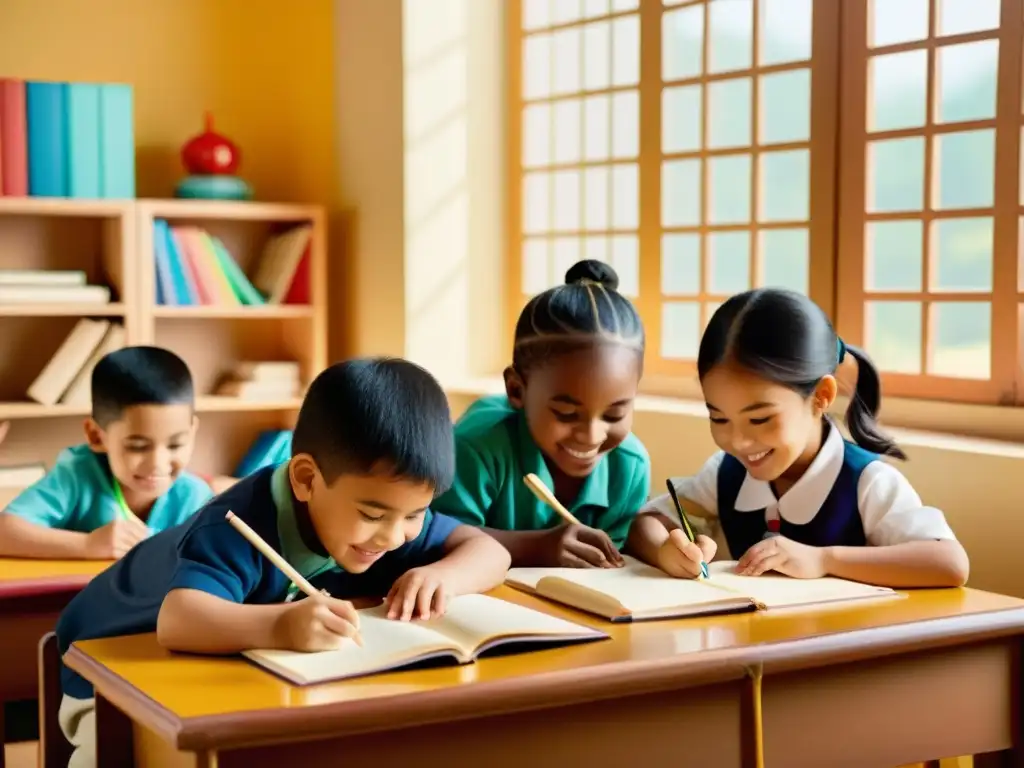 Diversidad cultural en aprendizaje de sistemas de escritura, niños felices rodeados de libros en aula cálida y acogedora