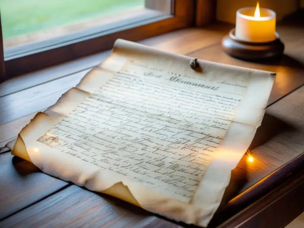 Documentos antiguos en mesa de madera iluminados por luz cálida, transmitiendo la esencia de la restauración de documentos antiguos