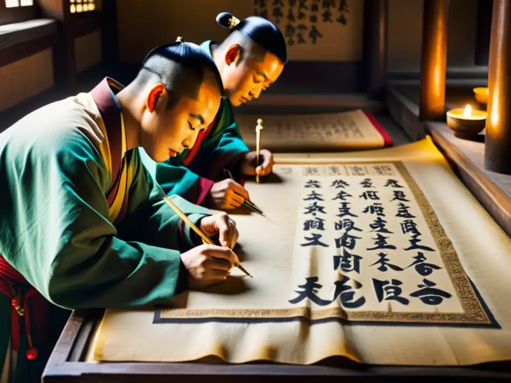 Dongba priests preservando la escritura ideográfica Naxi con tinta natural en un ambiente sereno y lleno de historia