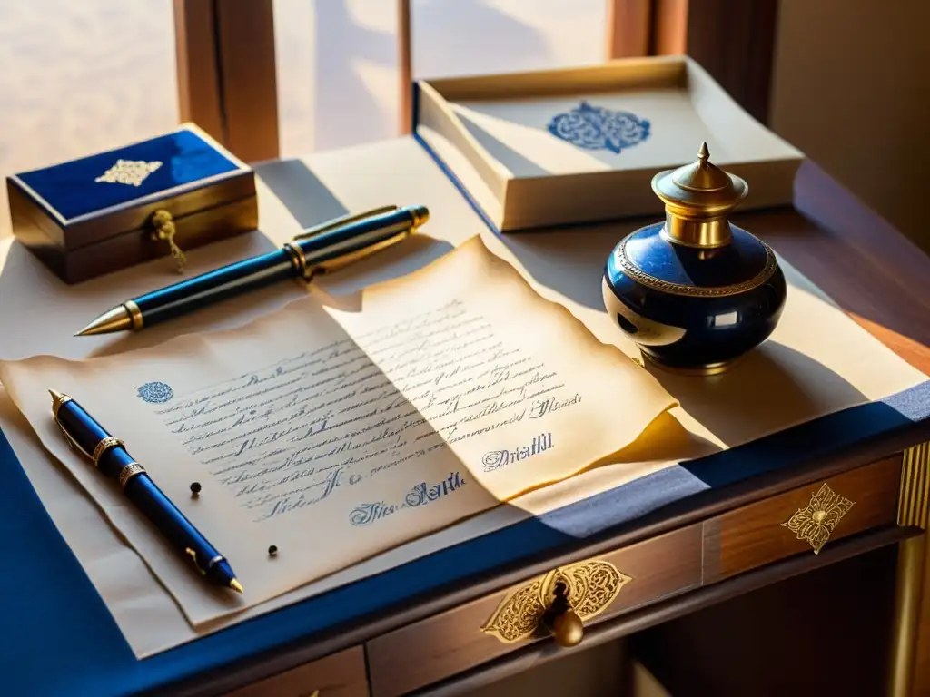 Un elegante escritorio de madera con un exquisito tintero de latón y papel pergamino envejecido