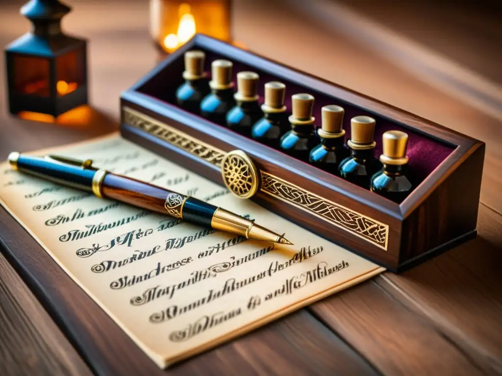 Un elegante kit premium para escribir árabe, con herramientas de caligrafía ornadas en madera vintage y exquisitos detalles árabes