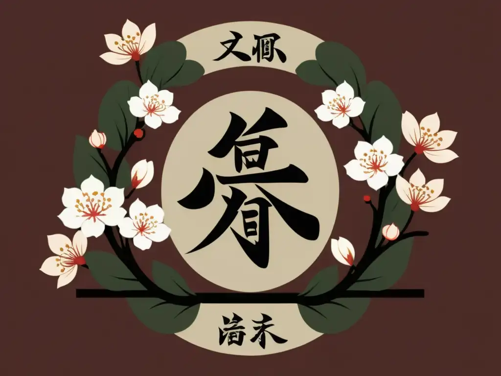 Emblema familiar japonés vintage con kanji y flores de cerezo, evocando la tradición y significado de los nombres japoneses