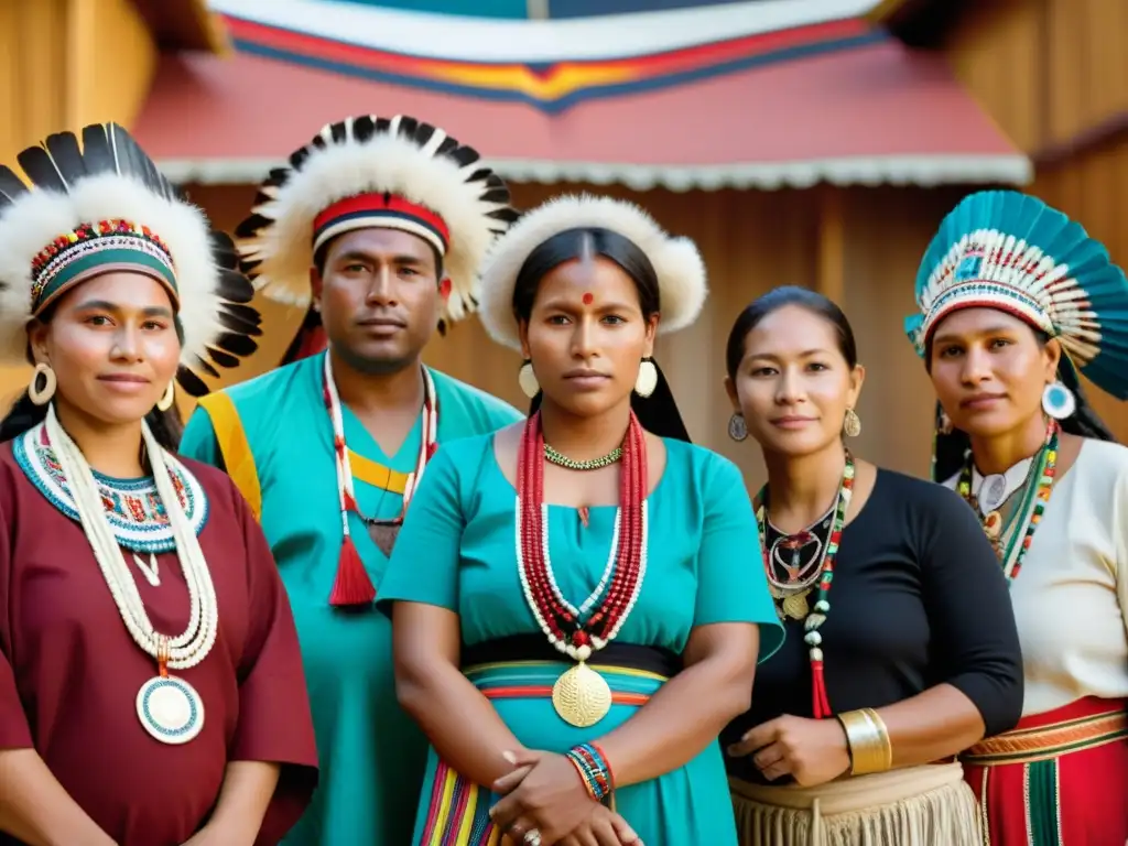 Un emocionante retrato de preservación lingüística en culturas UNESCO, con personas de distintas culturas y tradiciones reunidas en una ceremonia, vestidas con atuendos tradicionales y rodeadas de exuberante naturaleza