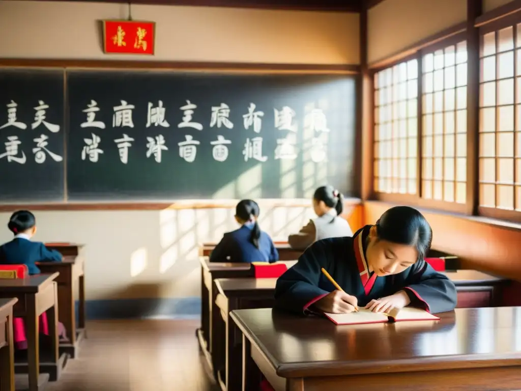 Enseñanza efectiva de Hanzi en aula: Maestra escribe en pizarra mientras alumnos atentos observan