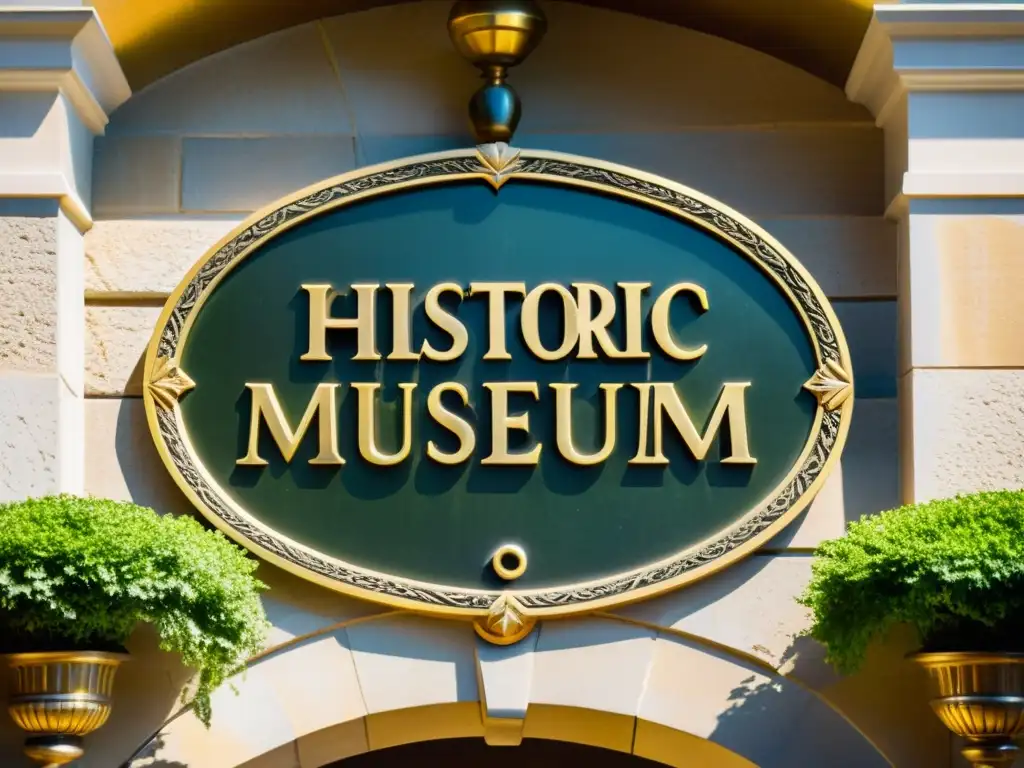 Entrada de museo histórico con tipografías en placa de latón envejecida, bañada por luz cálida entre muros de piedra y vegetación exuberante