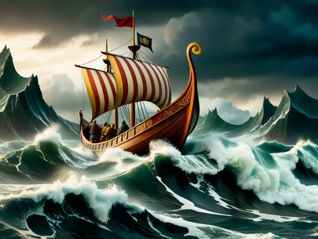 Embarcación vikinga surcando mares tormentosos Un épico barco vikingo surca mares tormentosos, con guerreros y elaboradas decoraciones