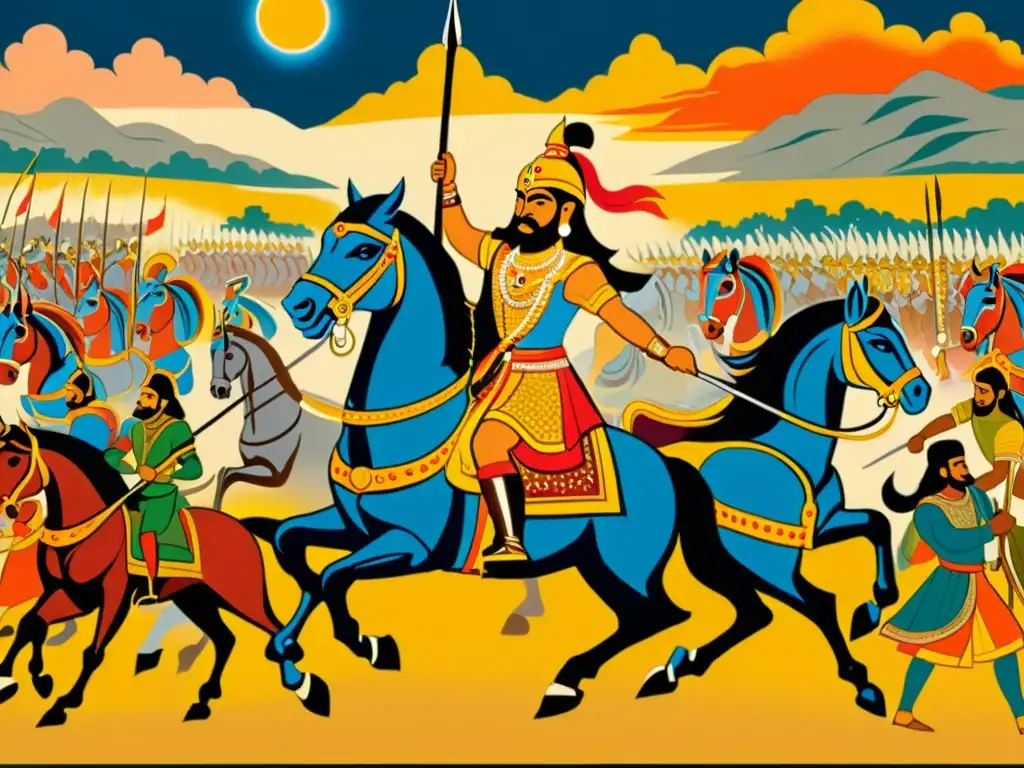 Transcripción del épico Mahabharata: Pintura vintage del grandioso campo de batalla de Kurukshetra, con detalles intrincados y una atmósfera histórica