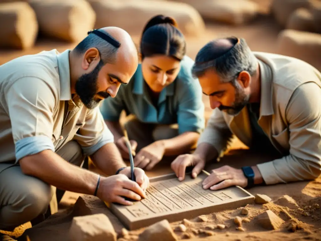 Equipo de arqueólogos preservando cuneiforme en excavación