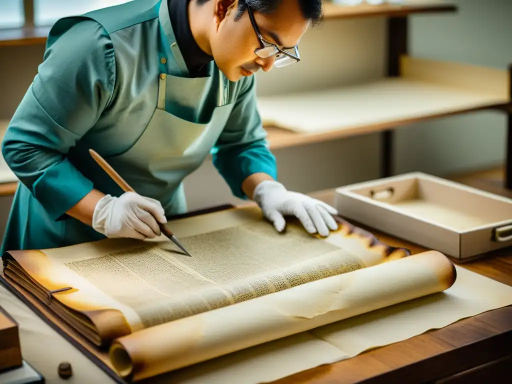 Equipo de conservadores restaurando con cuidado un antiguo códice, evocando historia y preservación