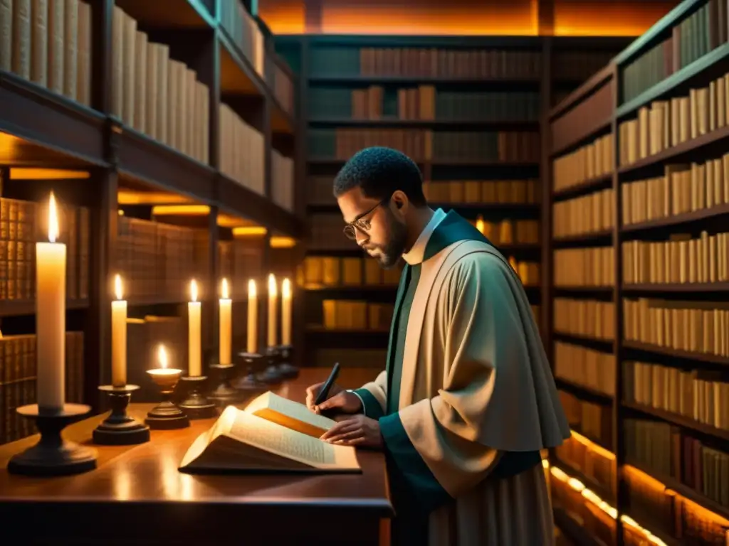 Un erudito estudia antiguos manuscritos en una biblioteca iluminada por una vela