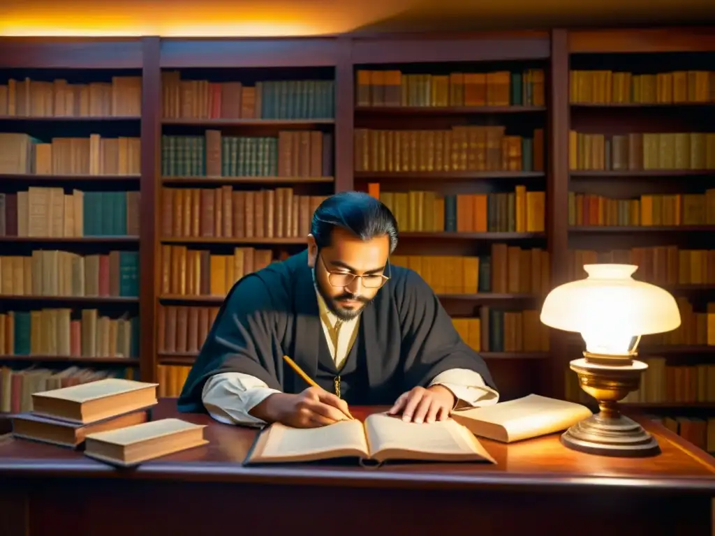 Un erudito estudia en una biblioteca vintage, rodeado de libros antiguos en latín y sánscrito