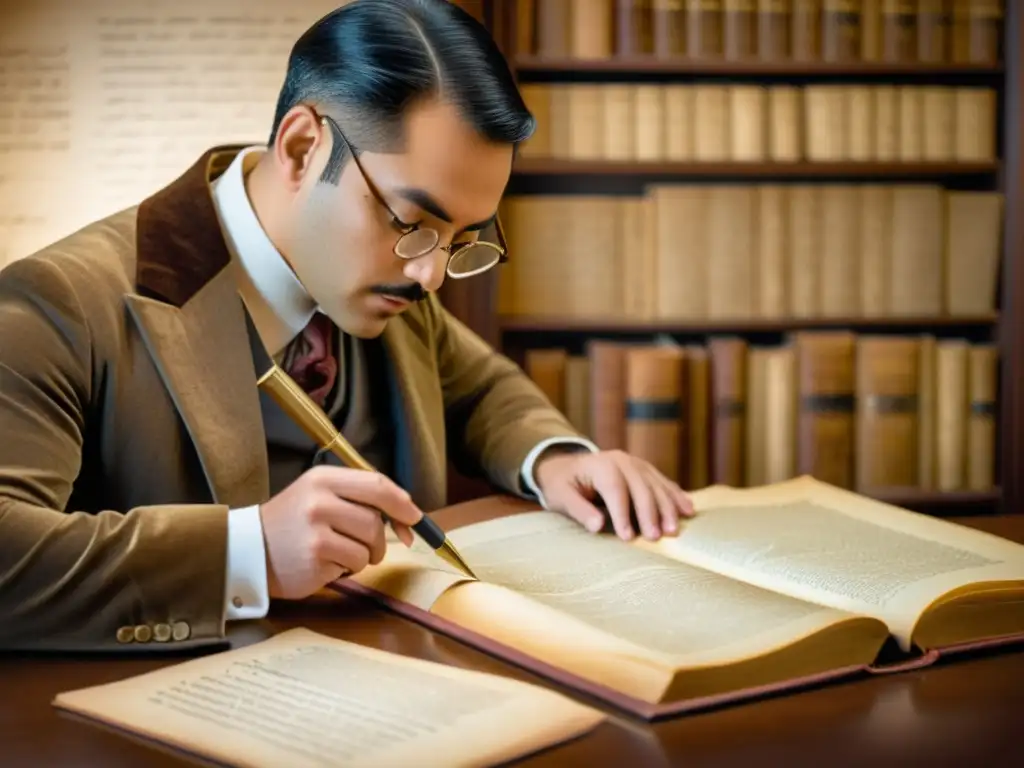 Un erudito examina minuciosamente un manuscrito antiguo bajo una lupa, rodeado de libros y pergaminos