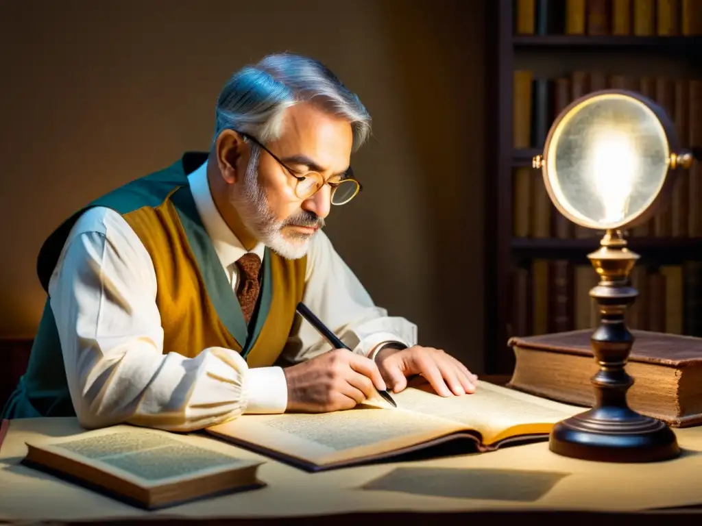 Un erudito examina un manuscrito antiguo bajo luz suave